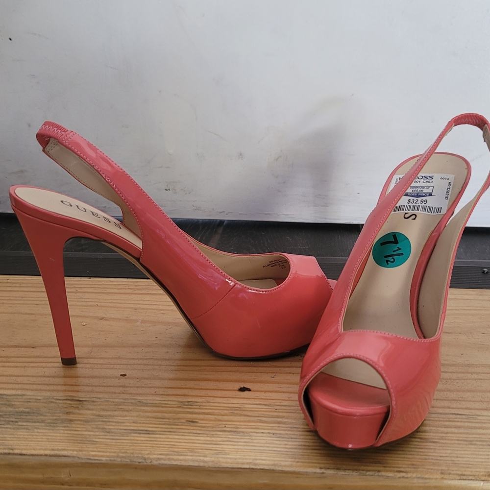 Guess Coral Pink Patent Peep-Toe Slingback Heels